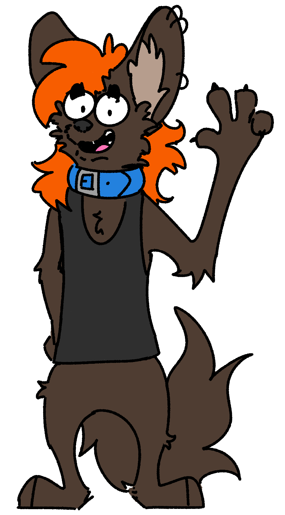 A drawing of my fursona: a cartoony anthropomorphic fennec with brown fur and long orange hair. It wears a blue collar, several ring piercings on the left ear, big round glasses, and a black tank top. It waves at you and is smiling, mouth open.